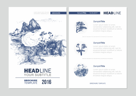 Business brochure design template. Vector flyer layout,with hand drawn pine and circles with trees.Magazine, poster designのイラスト素材