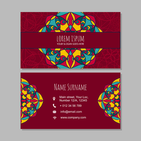 Visiting card and business card set with mandala design element. Abstract oriental design Layout. Front page and back page.のイラスト素材