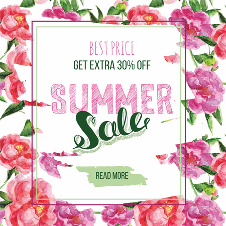 Summer Sale decorative banner. Floral background. Hand drawn lettering Sale tag. Sale poster with flowers pions.のイラスト素材