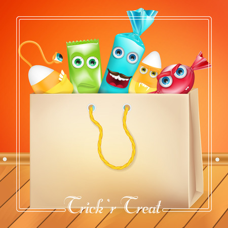 Trick or Treat Halloween bag with candies monsters. vector illustration for greeting card, ad, promotion, poster, flyer, blog, article, social media, marketingのイラスト素材