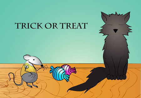 Funny black cat, little mouse and candies. Trick or treat. Happy Halloween greeting card or poster.のイラスト素材