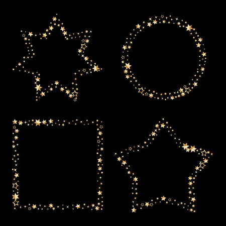 Set of Gold glitter vector frames, star dust in circle star and square shape. Abstract glittering border isolated on black background. Luxury design element for christmas, gift greeting card.のイラスト素材