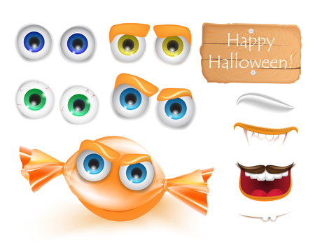 Halloween emoji face character alive candy monster for your scenes template. Emotion set of wrapped orange caramel candy. Trick or treat sweets. Vector illustration for greeting card, ad, promotion, poster, flyer, blog, article, social media, marketingのイラスト素材