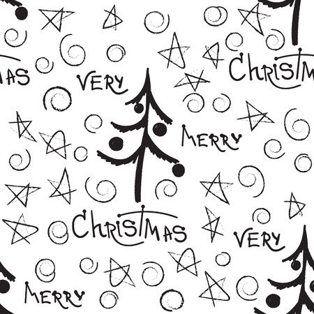 Christmas decorative doodle seamless vector pattern with quote Very Merry Christmasのイラスト素材