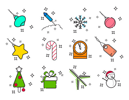 Line Holiday Merry Christmas Icons Set. Happy New Year Holiday Modern Line Icons for Web and Mobile. Winter Season Icons Collectionのイラスト素材