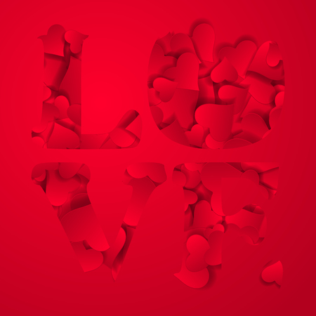 Abstract Happy Valentines day card, Font Type. A lot of paper cut hearts shaped confetti fills a wordのイラスト素材