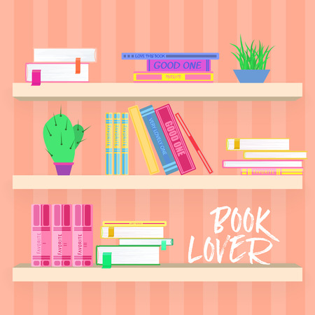 Shelves with colorful books and plants in flat design style.のイラスト素材