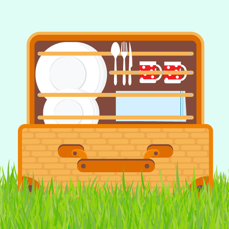 Open basket for a picnic with tableware and foods vector illustrationのイラスト素材