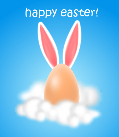 Happy Easter creative poster with egg and bunny ears in the blue sky and clouds.のイラスト素材