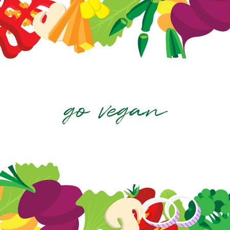 Vegetables border with Go vegan text vector illustration flat style.のイラスト素材