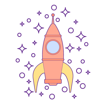 Sparkling rocket ship space vehicle blasting off into the sky. Kids toy for boys isolated.のイラスト素材