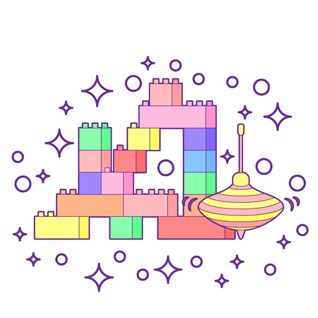Kids toys blocks building and whirligig. Flat outline style vector illustration.のイラスト素材