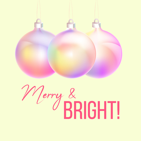 Merry Christmas and Happy New Year greeting card of colorful holographic bauble ornament, modern neon foil color gradients. Holiday night illustration in futuristic glow style. Merry and bright phraseのイラスト素材