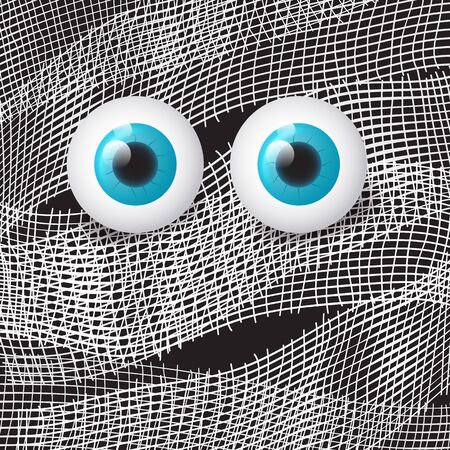 Mummys bandages big shiny blue eyes close up view. Funny Halloween background. Can be used for greeting card, invitation, poster, flyer. Vector illustrationのイラスト素材