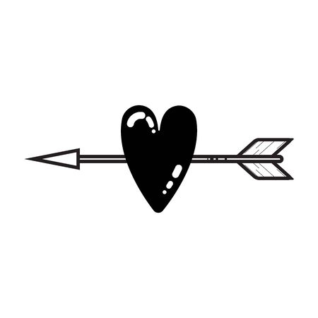 Black and white flat style arrows with heart , design elements for Valentines day and wedding, detailed vector illustration. Cupids bow and arrow as love symbolのイラスト素材