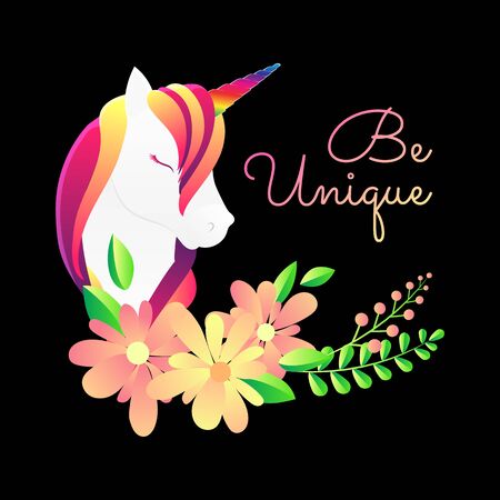 Cute poster, greeting card or apparel print with unicorn, flowers . Flat gradient.Lettering be unique . Cartoon character. Vector illustration. Decorative art Isolated on blackのイラスト素材