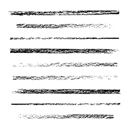Set of vector grunge brushes wide and thin linesthickness and stiffness, created with chalk and charcoal or pastel. Collection of hand drawn graphic elements for brushes.のイラスト素材