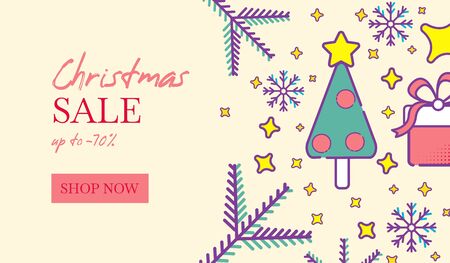 Winter sale background with linear christmas tree, gifts, snowflakes and fir branches. Christmas sale and New year sale. Vector illustration horisontal banner with typographic text sampleのイラスト素材