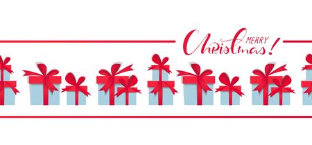 Christmas presents boxes. Horizontal long seamless pattern with handdrawn lettering Merry Christmas. Christmas presents in papercut style. Blue gifts with red bows and ribbons. Website banner or header background. Xmas celebration flat papercut design with presents. Winter holiday concept.のイラスト素材