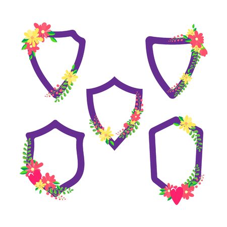 Vector collection of shields with flowers for a wedding invitation in flat style. Set of Coat of arms monogram floral frame, best for wedding invitation or quotes border.のイラスト素材