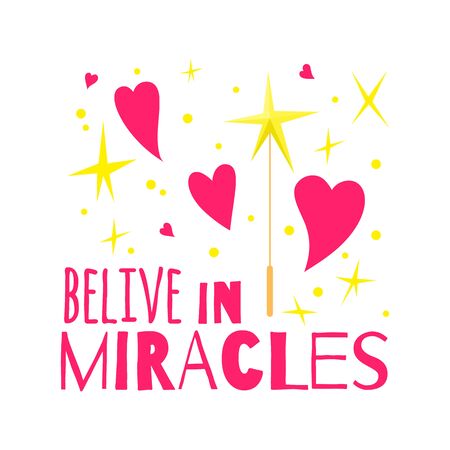 Magical handwritten vector lettering with magic wand and ribbon on pink background. Calligraphic inscription. Hand drawn lettering print. Apparel, t-shirt, bag, sticker, poster, card designのイラスト素材