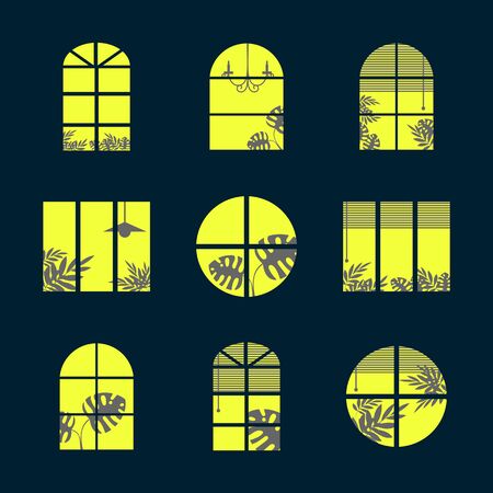 Collection of windows silhouette of various designs isolated. Windows light city at night. Vector illustration of apartment blocks with windows, in which the gap silhouettes of tropical and home plants and curtains.のイラスト素材