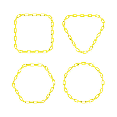 Golden chain round, square, hexagon and triangle border frame. Seamless wreath circle shape. Jewelry design, text frame. Realistic vector illustration isolated on a white background.のイラスト素材
