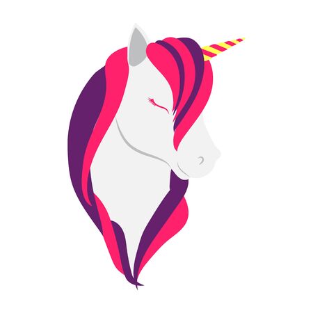 Unicorn head isolated. Magical animal. Vector artwork. Black and white unicorn cartoon style . Pink and purple color unicorn character icon.のイラスト素材