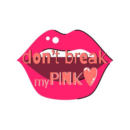 Typographic print with love lettering on pink lips. Dont break my pink heart saying. Pink color mouth with tongue out. Perfect for girl fabric, textile, apparel, pyjamas, t-shirt print, Valentines Day card.のイラスト素材