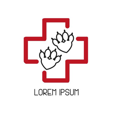 Pet First Aid. Red cross and paw as heart. Veterinary clinic logotype. Flat line art styleのイラスト素材