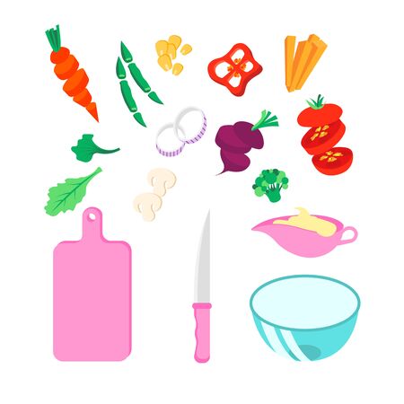 Cooking classes top view with kitchenware and products on kitchen table and chefs hands chopping vegetables on wooden board vector illustrationのイラスト素材