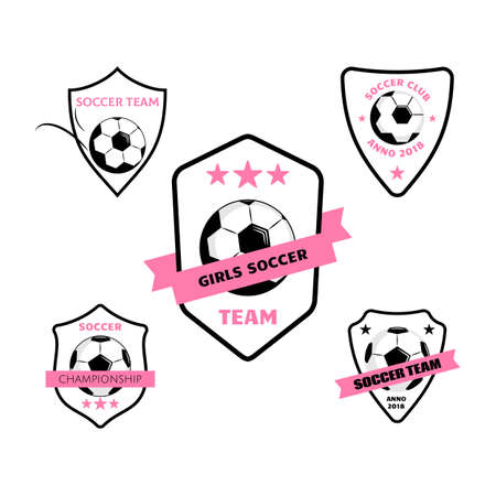 Set of Womens and girls soccer football design with ball on shield. Simple vector soccer label or emblem in pink colors. Girls soccer team.のイラスト素材