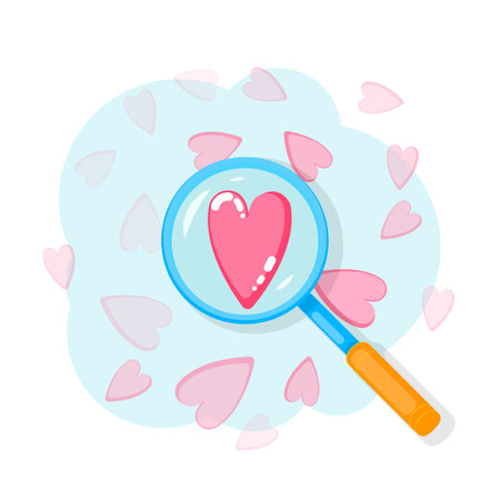 Search heart and find love with magnifying glass with heart inside. Dating illustration of dating application or site on mobile phone. Social networkのイラスト素材