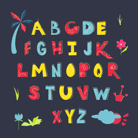 Hand drawn doodle abc alphabet, cut out font. Vector illustration.のイラスト素材