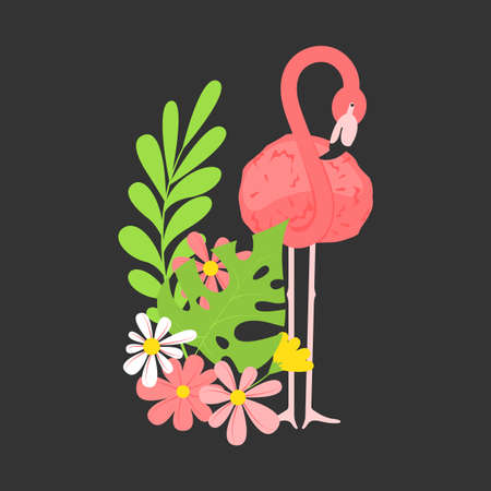 Flamingo bird with exotic tropical leaves and flowers. Summer illustration, greeting card. Vector illustrationのイラスト素材