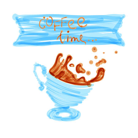 Coffee mug in blue color. Sketch with color marker. Simple vector illustration, rustic. Kids like, childish picture.のイラスト素材