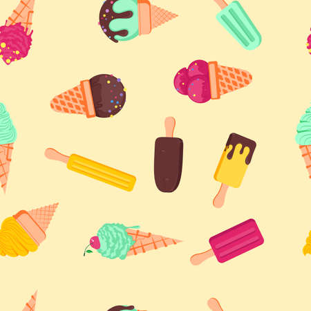 Vector seamless pattern with multicolor ice cream on white background. Frozen dessert background. Design for summer fashion textile print, wrapping paper, web backgrounds, cafe.のイラスト素材