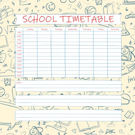 School timetable hand drawn design. Vector planner template for students. Funny doodle school schedule. Kids outline background.のイラスト素材