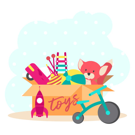 Toy Box, full of childrenÂ´s toys including fox, Ball, car, rocket, whirligig, bicycle. Vector illustration cartoon.のイラスト素材
