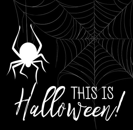 Happy Halloween vector lettering. Holiday calligraphy with spider and web for banner, poster, greeting card, party invitation. Isolated illustration.のイラスト素材