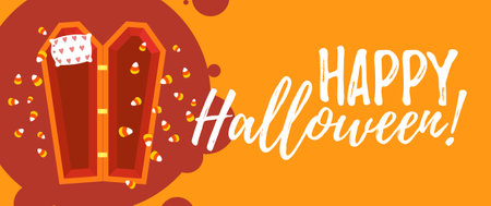 Festive Halloween web banner template. Top view on open coffin with pillow and candies corn. Vector illustration greeting banner. Happy halloweenのイラスト素材