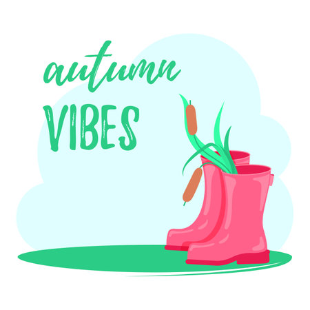 Pink rubber boots with reeds inside. Autumn time card with copy space for text. Greeting, invitation card with quote Autumn vibesのイラスト素材