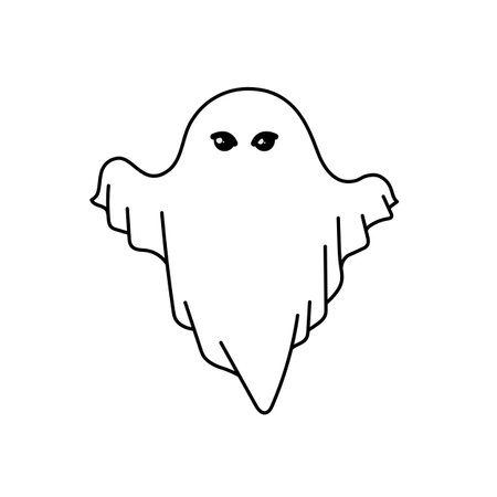 Ghost cartoon character. Cute outlines isolated flying ghost under white sheet. Halloween logo. Flat design icon for booklet, banner, website. Vector illustration.のイラスト素材