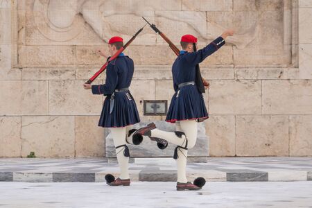 GREECE, ATHENS - NOVEMBER 30, 2019: The Evzones or Evzonoi a ceremonial unit that guards the Greek Tomb of the Unknown Soldierのeditorial素材