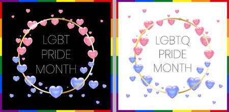 LGBT gay pride month poster with rainbow flag. White and black square vector with golden frame and pink and blue hearts. Two variations.のイラスト素材