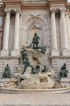 BUDAPEST, HUNGARY - AUGUST 19, 2021: a monumental fountain group the Hunt of King Matthias in the western forecourt of Buda Castleのeditorial素材