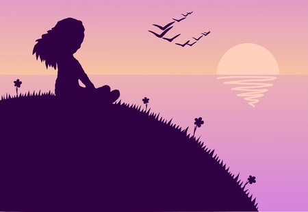 Illustration of the girl sitting on a hill during a sunsetのイラスト素材
