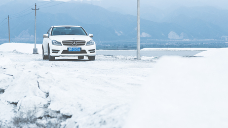 Mercedes-Benz on snow roadのeditorial素材