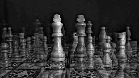 Long exposure for a chessboard with 2 kings at the center and moving pieces in monochrome.