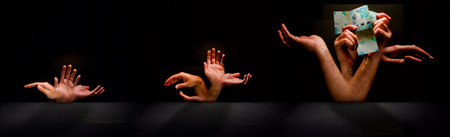 Conceptual art about investing in almsgiving and charity, for hands growing out and yielding money...